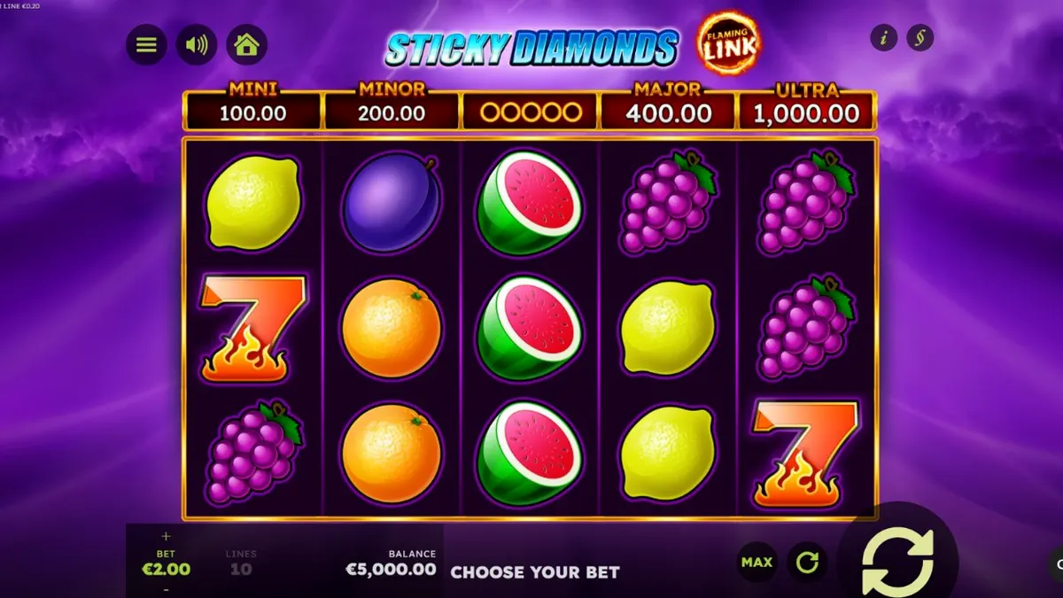 Tampilan visual slot Sticky Diamonds Flaming Link dengan simbol buah dan latar badai.