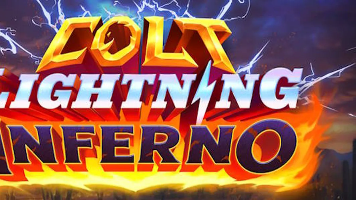 Visual dramatis dari Colt Lightning Inferno dengan elemen petir dan api yang menyala di gulungan slot.